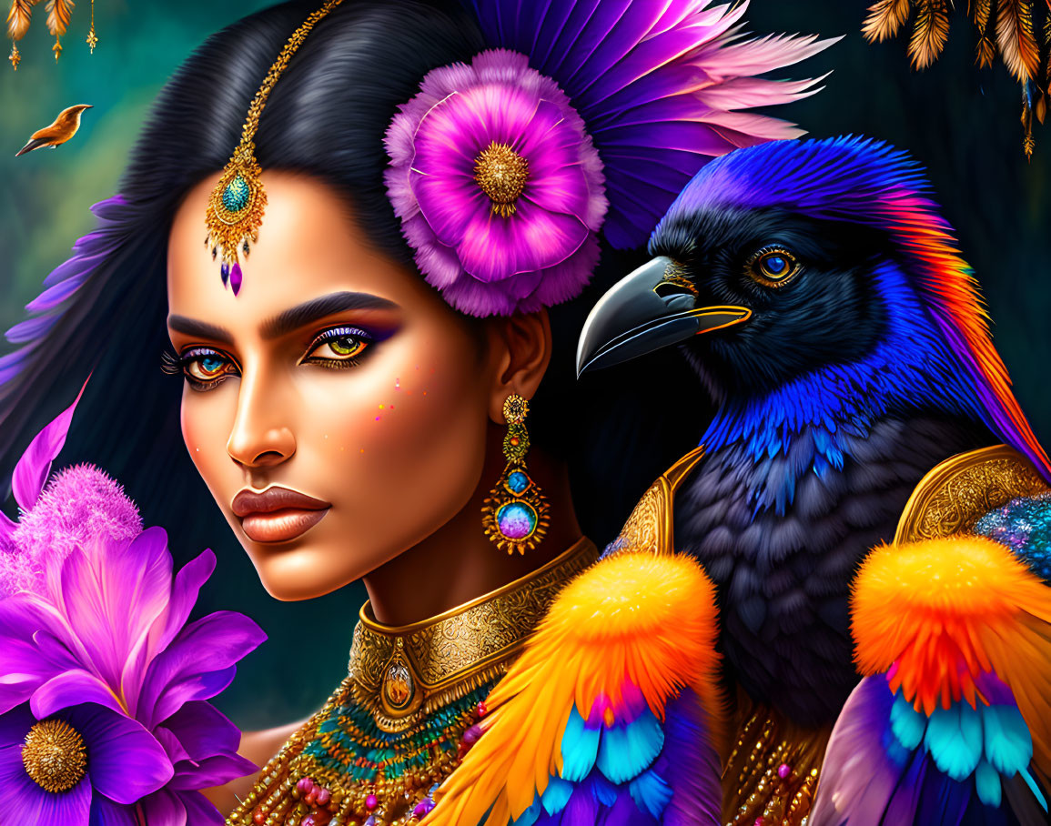 Colorful bird and ornate jewelry woman in lush floral setting