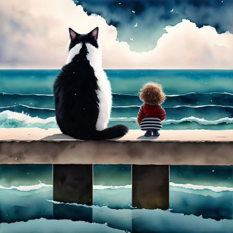 Child and cat on pier gazing at ocean and birds