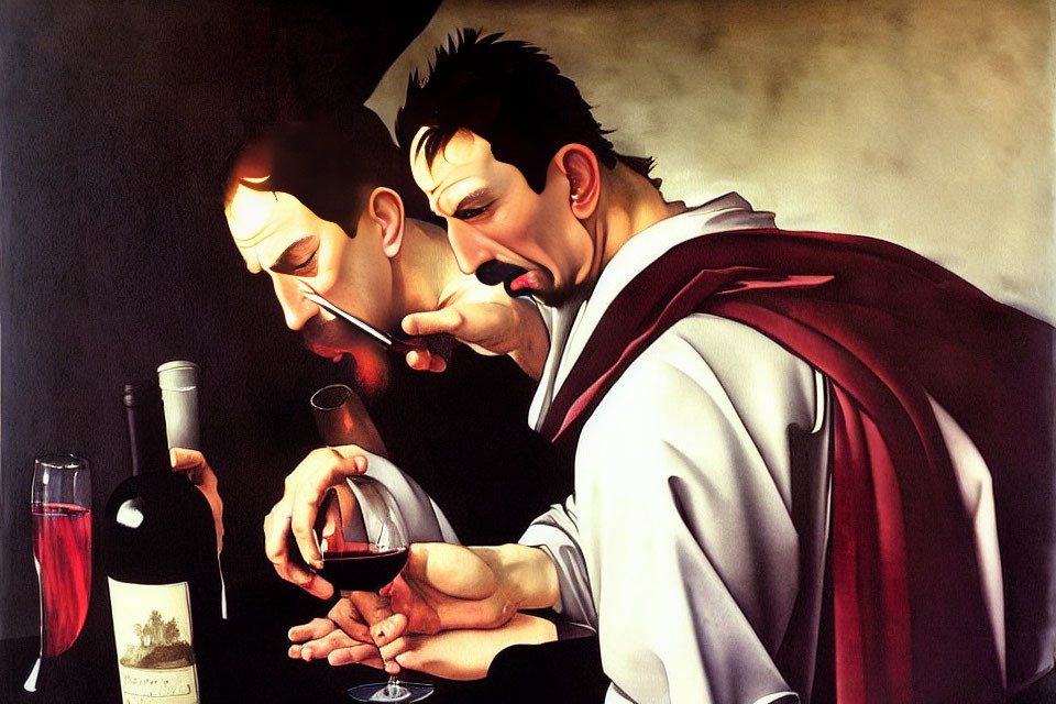 Surreal painting of two men sharing wine with elongated faces