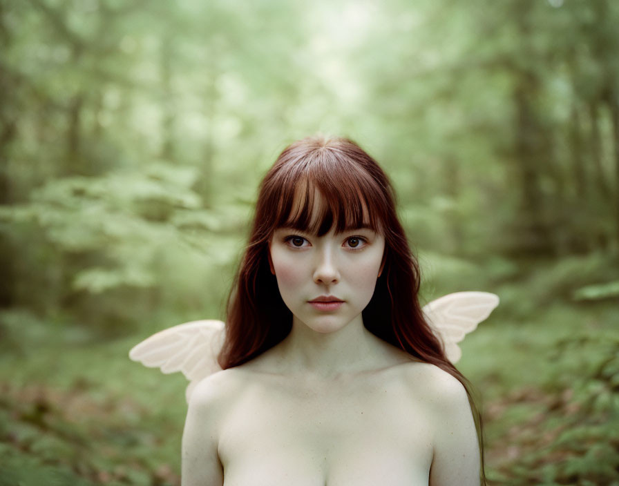 Portrait of fair-skinned person with brown hair and small wings in forest setting