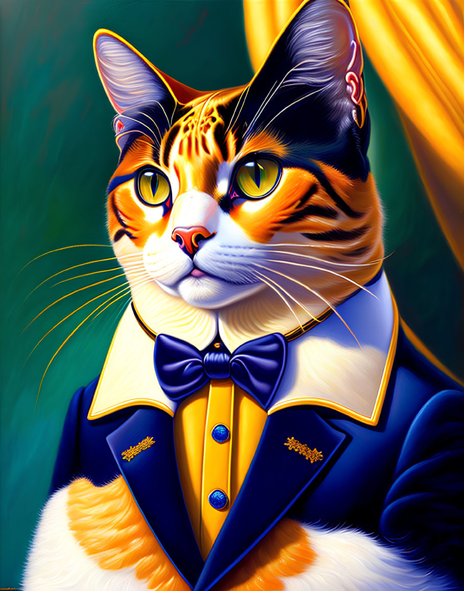 Colorful Cat Illustration with Human-Like Attire on Green Background