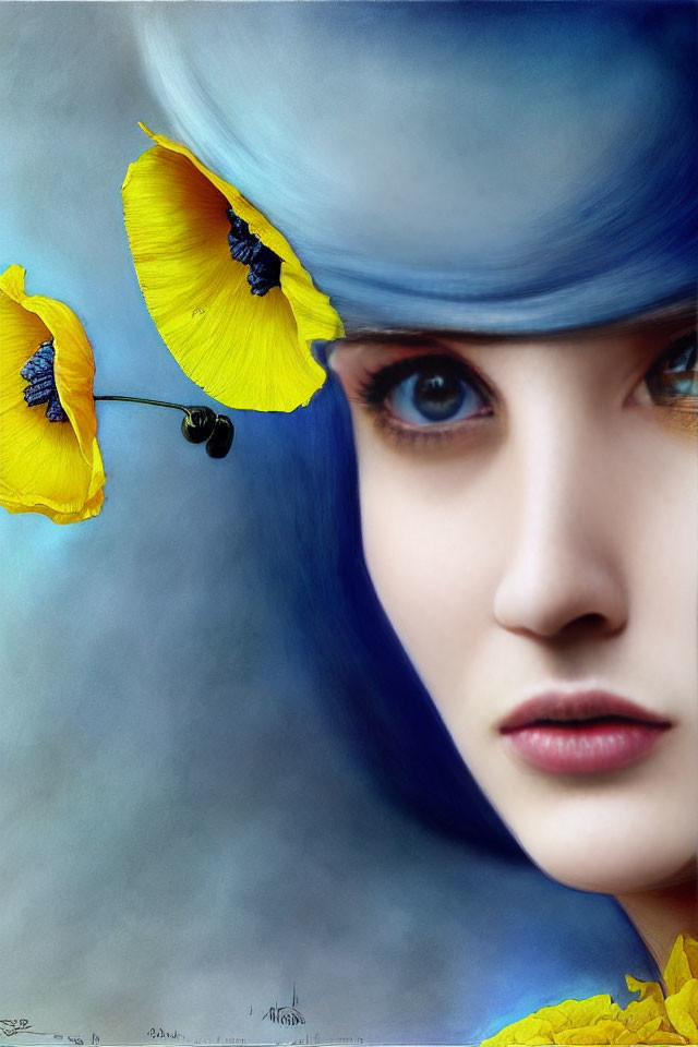 Surreal portrait: woman with blue skin and poppy petal eyebrows