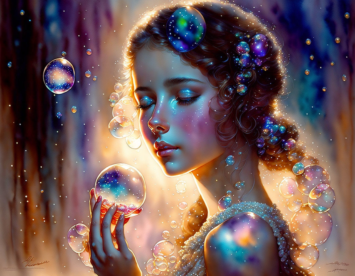 Vibrant digital artwork of woman with cosmic bubbles in dreamy setting