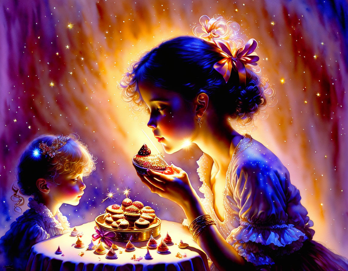 Illustration of woman and child with magical cake in warm lights