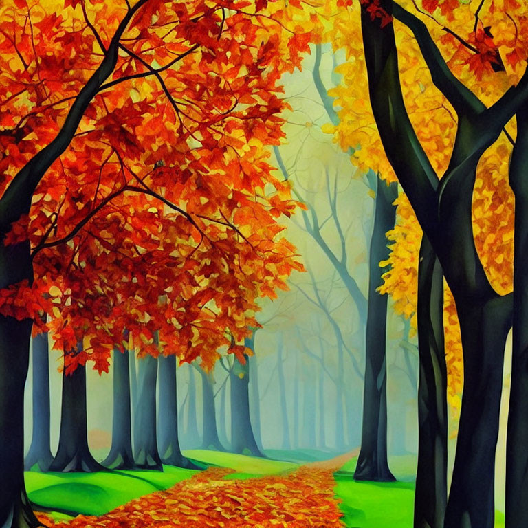 Tranquil forest pathway with vibrant autumn trees and orange leaves