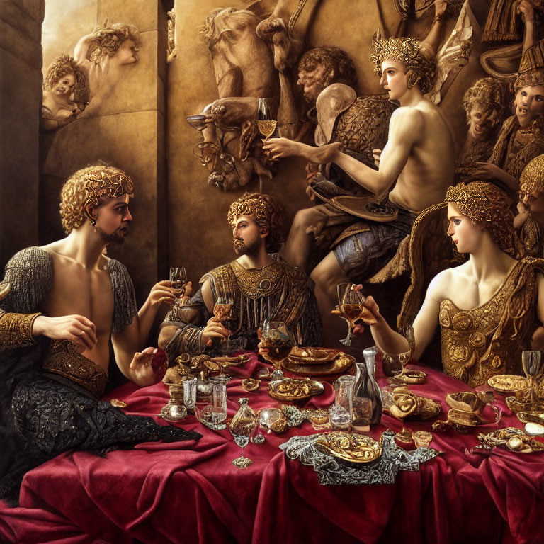 Opulent feast with richly dressed individuals and golden tableware