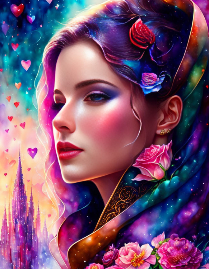 Digital artwork: Woman with cosmic hair and flowers in front of fantasy castle.