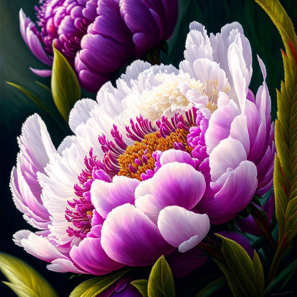 Detailed close-up of vibrant peonies with purple and white petals, showcasing golden stamens and