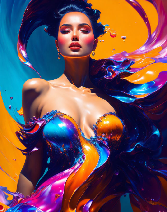 Vibrant liquid paint swirls around woman with flowing hair