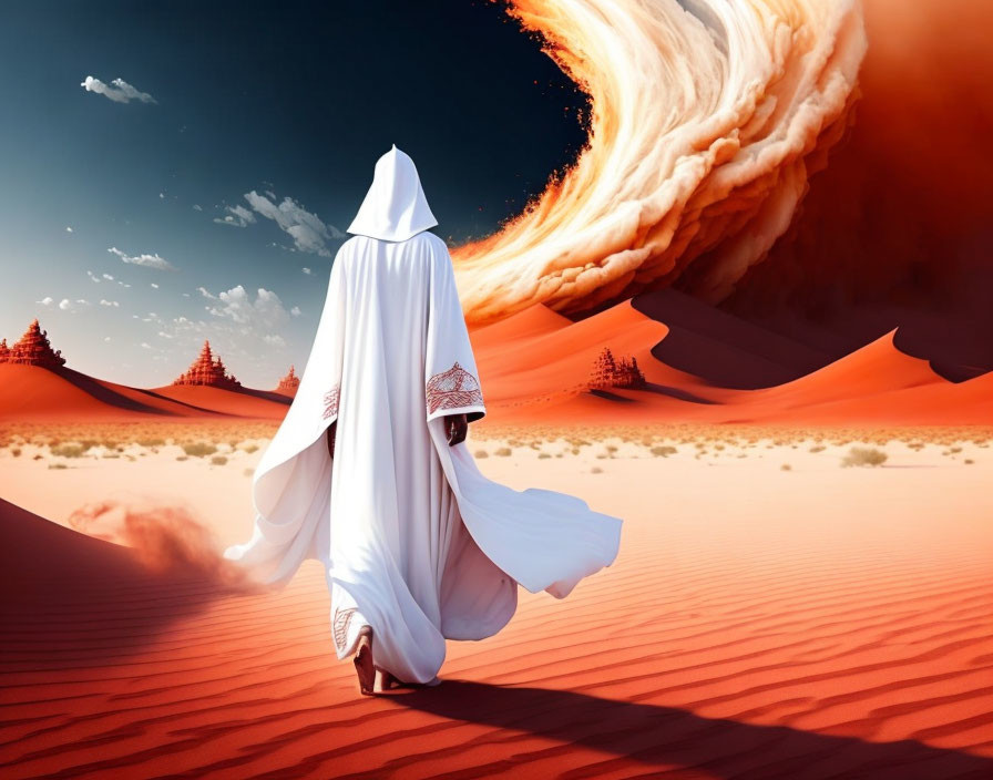 Robed Figure Walking on Red Sand Dunes Under Orange Sky