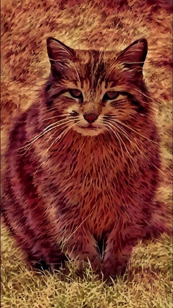 Stylized cat image in red and brown tones on textured background