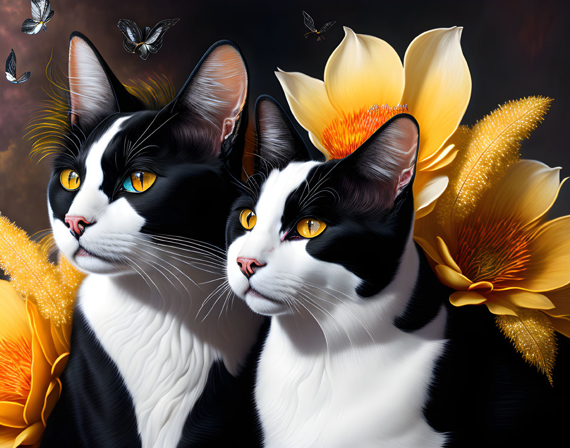 Black and White Cats with Yellow Eyes in Floral Setting