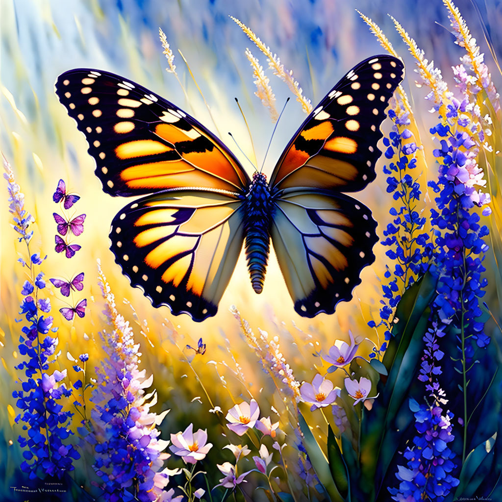 Detailed digital artwork: Large orange and black butterfly amidst purple flowers and grasses