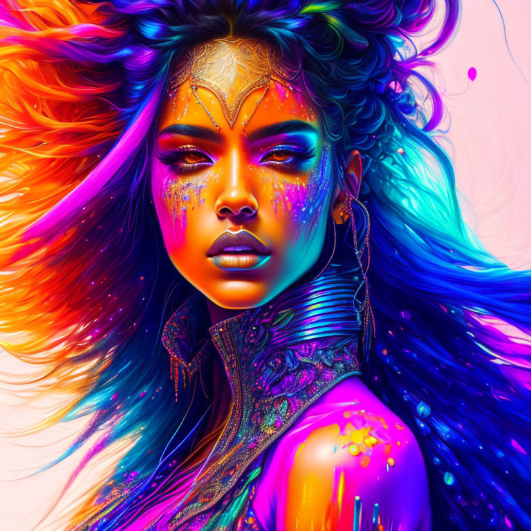 Colorful digital artwork: Woman with multicolored hair and golden jewelry on vibrant backdrop