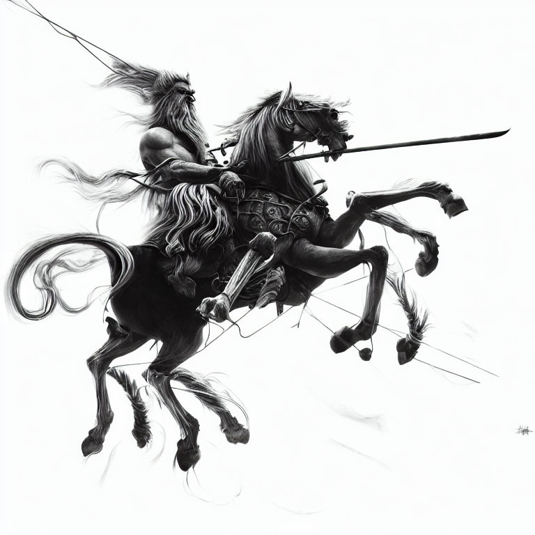 Monochromatic artwork of armored centaur in dynamic charge