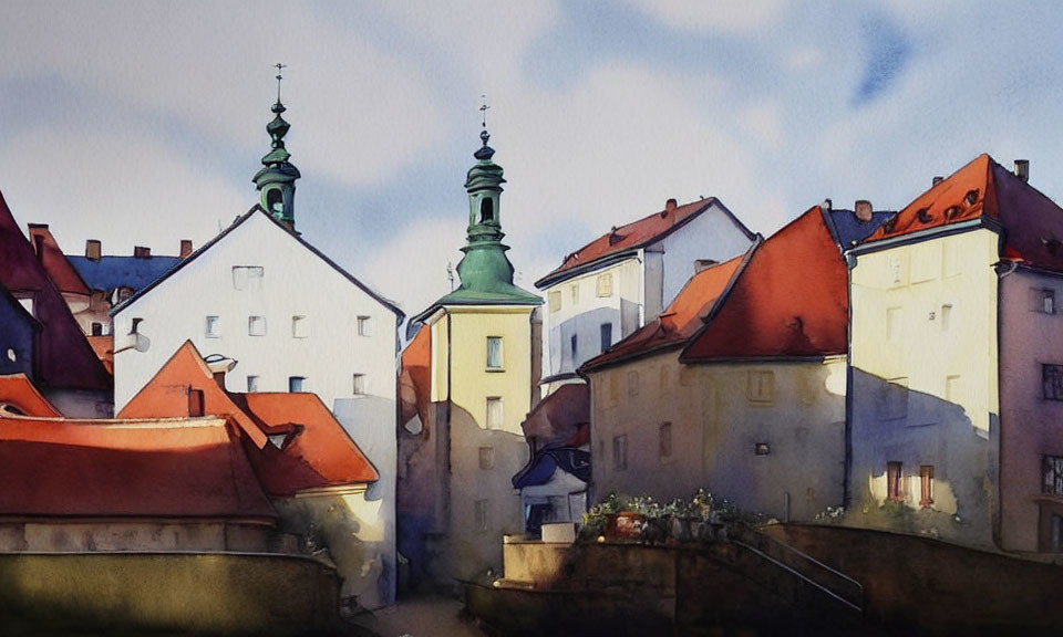 Pastel-colored European town watercolor painting with green church spires