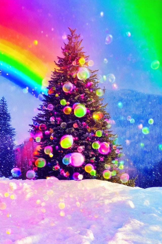 Colorful Christmas tree in snowy landscape with rainbow and bubbles for dreamy effect