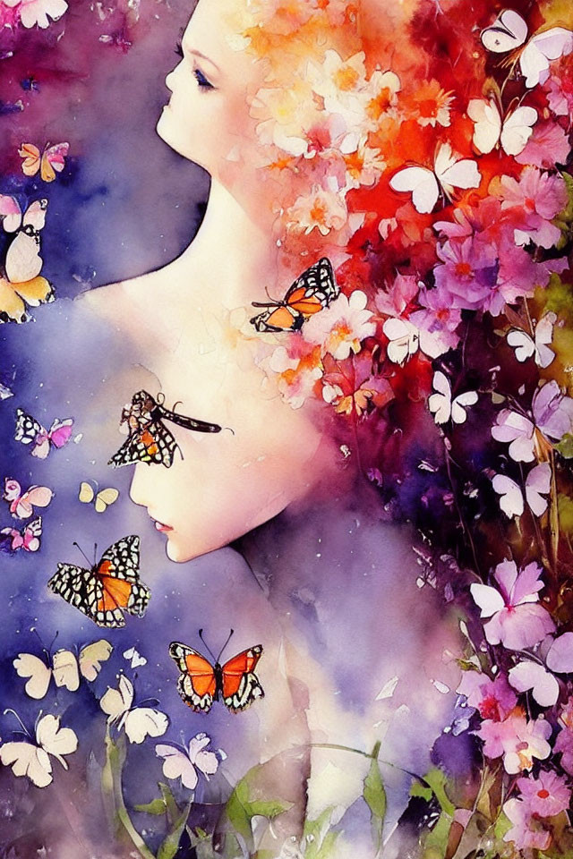 Profile Portrait of Woman with Floral Hair and Butterflies in Watercolor