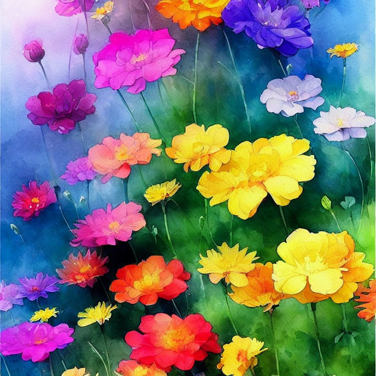Colorful Watercolor Painting of Multicolored Flowers on Blue and Green Background