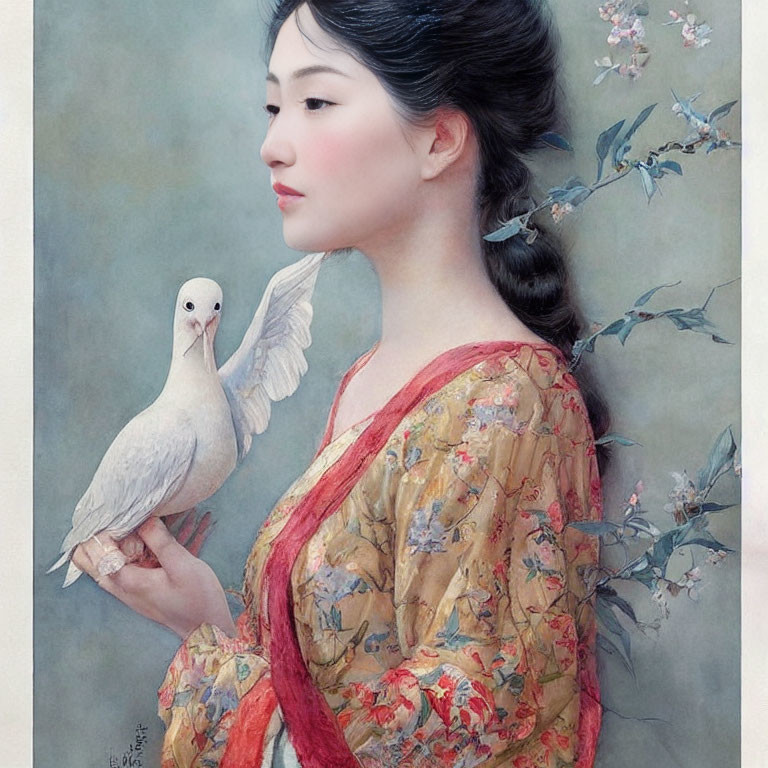 Traditional Asian woman with white dove and blossoming branches.