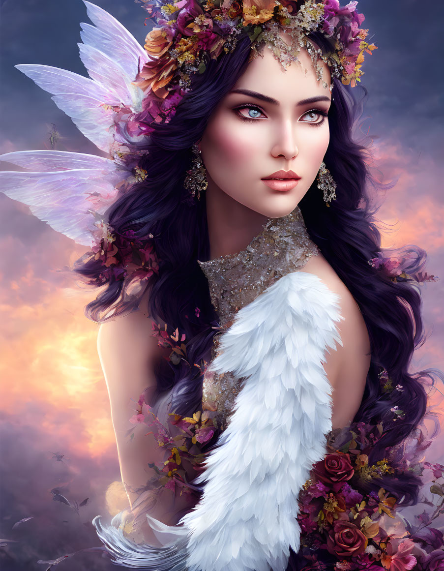 Fantasy portrait of a woman with floral headwear and feathered wings in purple cloudy sky