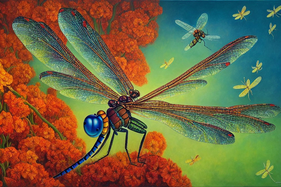 Detailed dragonfly surrounded by fiery orange flowers on teal background