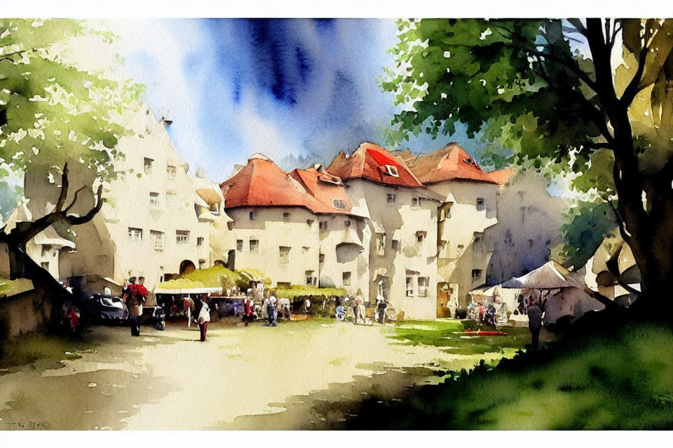 European Town Scene Watercolor with Market Stalls and Sunny Sky