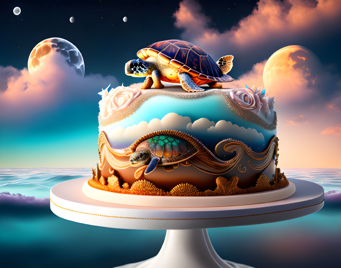 Surreal turtle on ocean-themed cake under multiple moons