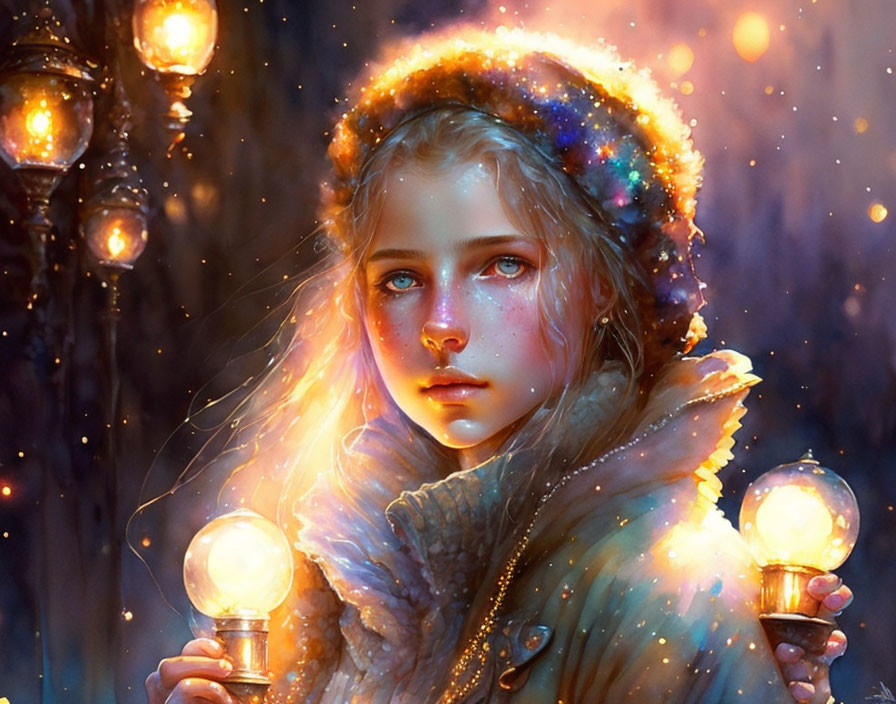 Digital painting of young girl with blue eyes in magical winter scene