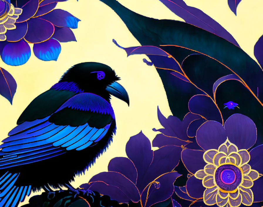 Colorful artwork: Black raven amidst purple and blue flowers on dark blue background