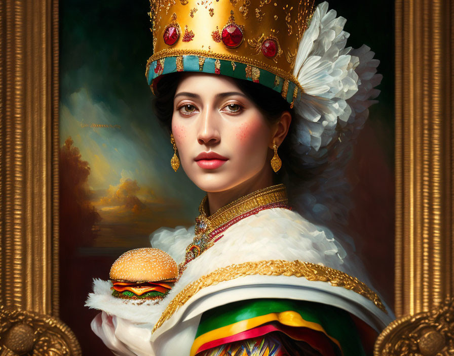 Portrait of woman in regal attire with burger, painted-style backdrop