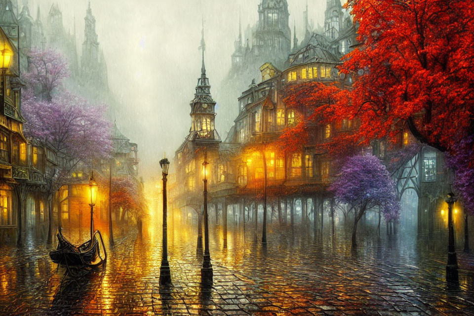 Vibrant red and purple fantasy cityscape with gondola and Victorian-style lamps