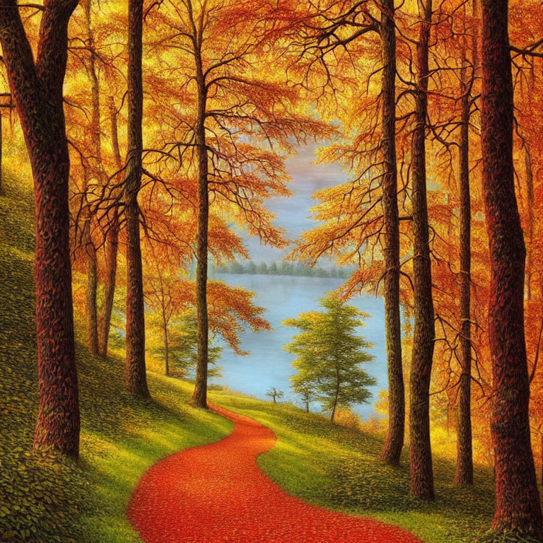 Colorful autumn landscape with red path and golden trees by blue lake