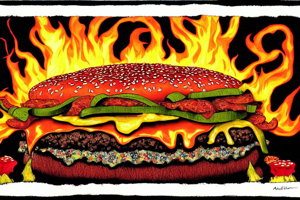 Stylized illustration of flaming cheeseburger on black background