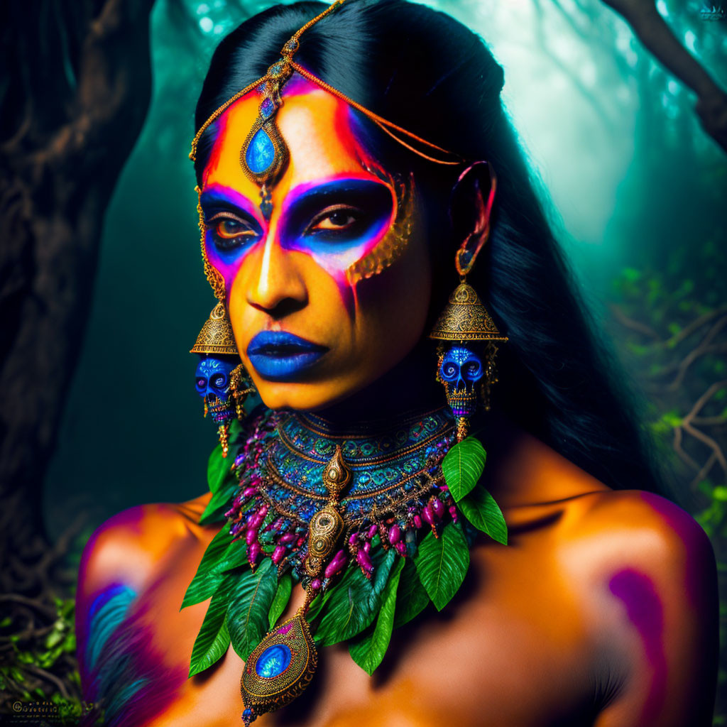 Woman with tribal makeup and jewelry in mystical forest portrait