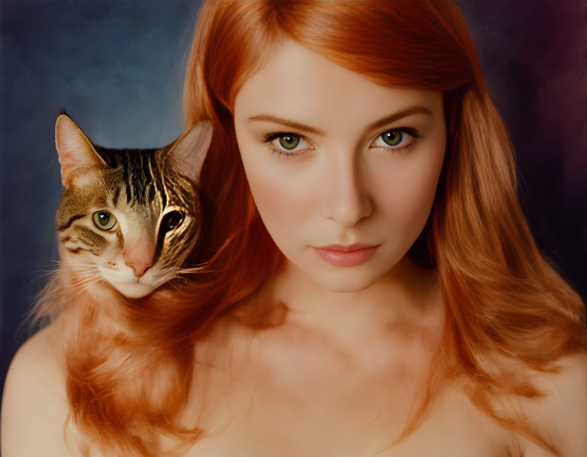 Woman with Striking Eyes and Red Hair Poses with Tabby Cat in Moody Setting