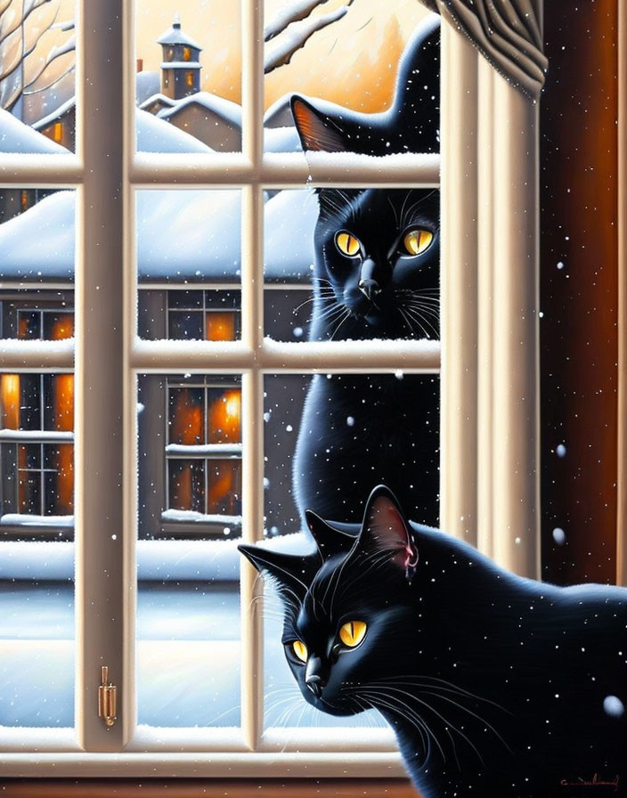 Black cat with yellow eyes observing snowfall in wintry village landscape