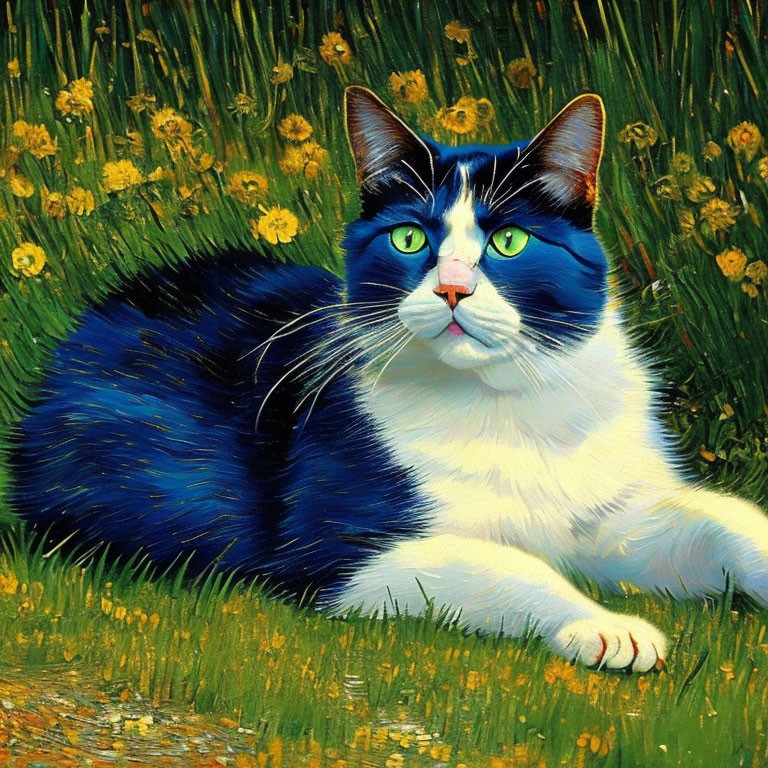 Colorful painting: Black and white cat with blue eyes in sunlit field with yellow flowers