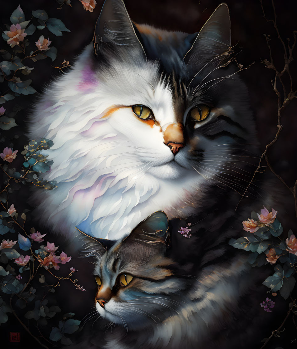 Digital painting of two cats with amber eyes amid blossoming branches on dark background