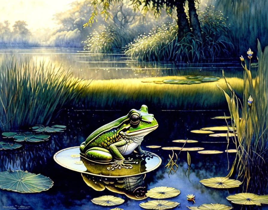 Detailed painting of green frog on lily pad in lush pond