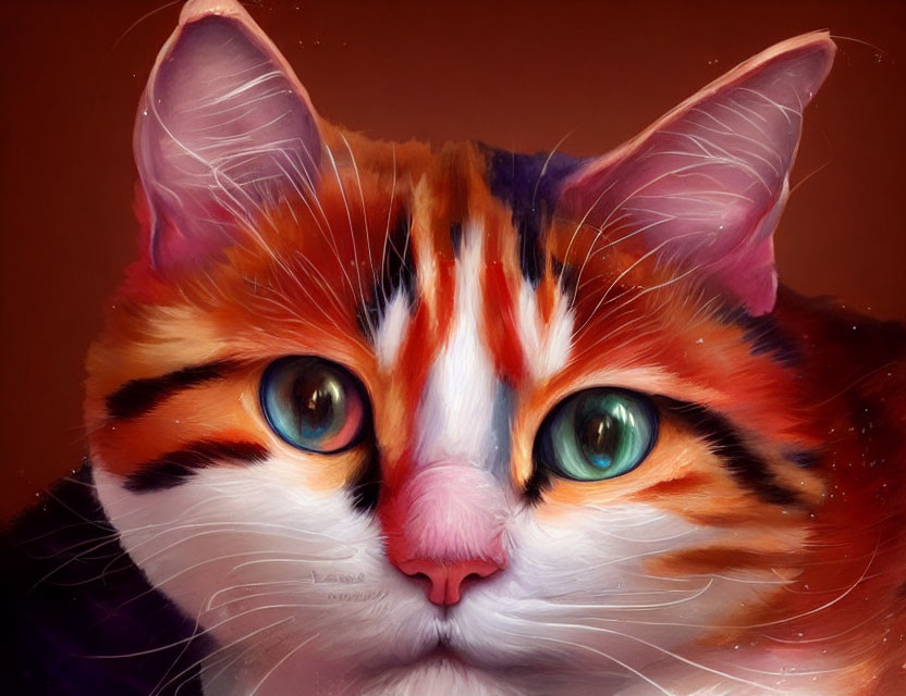 Calico Cat with Green Eyes and Pink Nose Close-Up