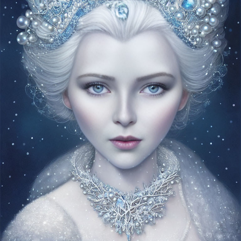 Pale-skinned female figure with blue eyes, pearl crown, silver necklace in snowy setting