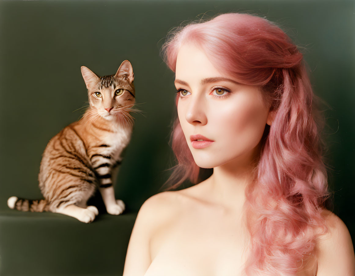 Pink-haired woman with tabby cat on greenish backdrop