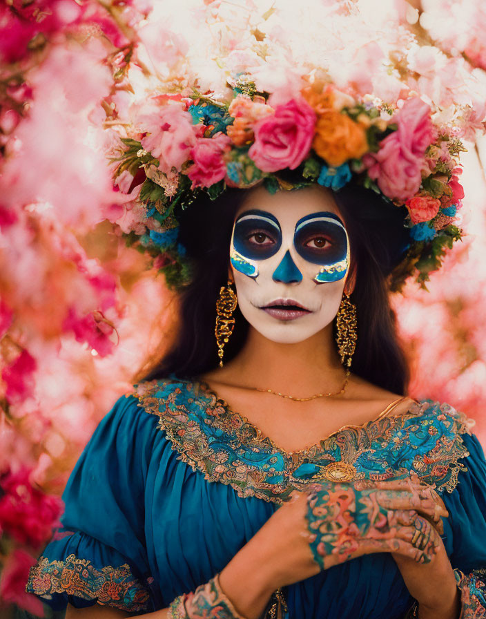 Woman with floral headdress and Day of the Dead makeup in pink blossom setting