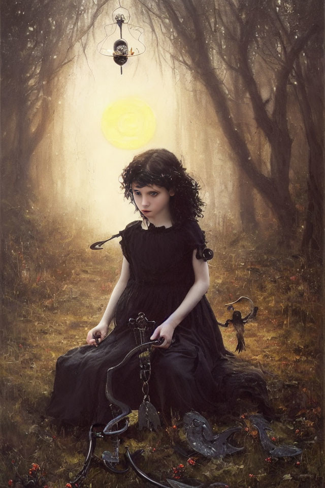 Young girl in black dress chained in mystical forest with crow and vintage lanterns under glowing sun