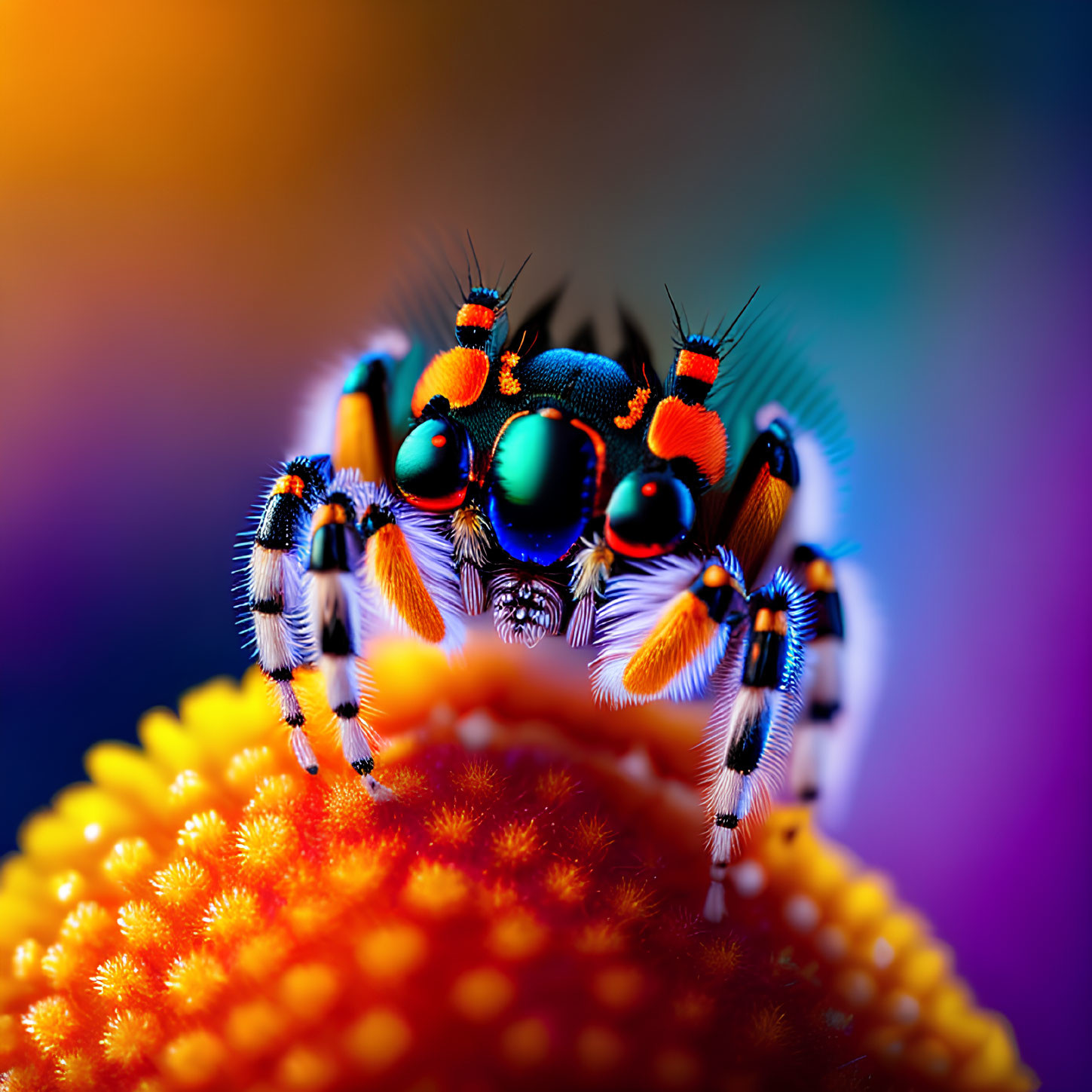 Colorful Jumping Spider on Flower with Rainbow Background: Striking Patterns and Iridescent Eyes