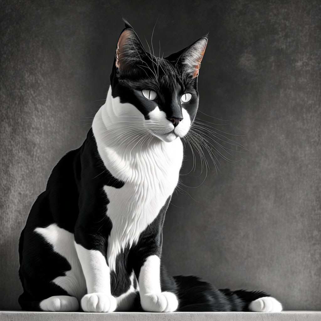 Black and white cat with piercing eyes on textured grey background