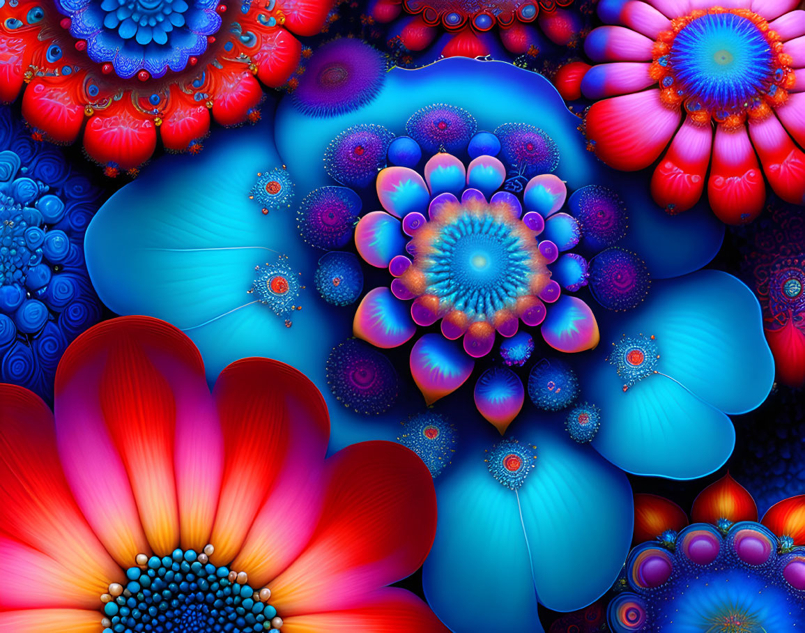 Vibrant layered fractal flowers in blue, red, and orange