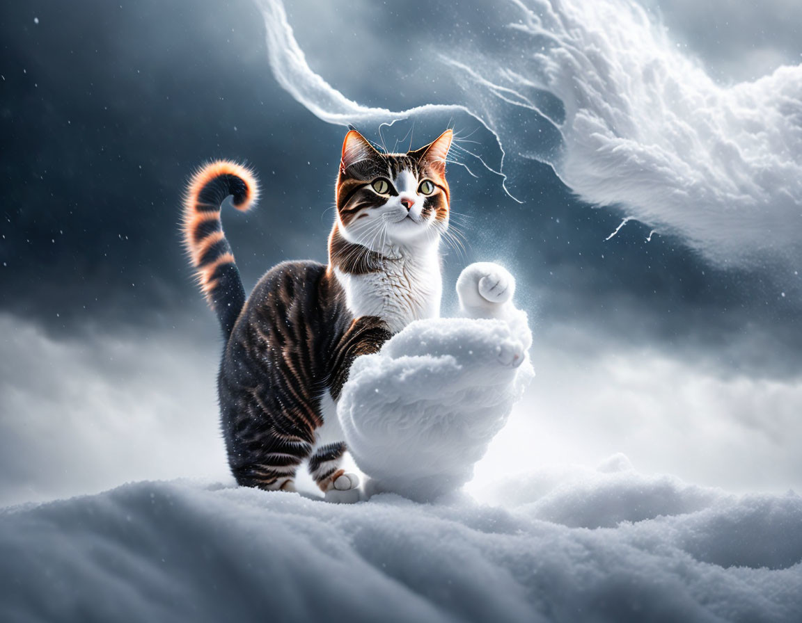 Tabby cat wearing hat in snow with cat-shaped cloud and snowball