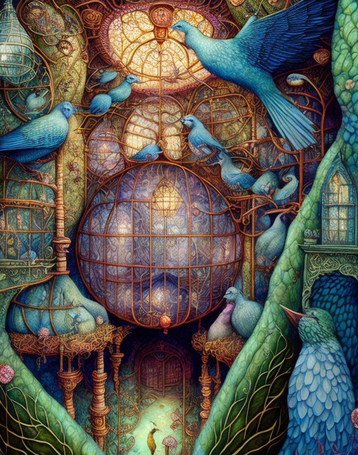 Whimsical blue birds illustration in Gothic setting